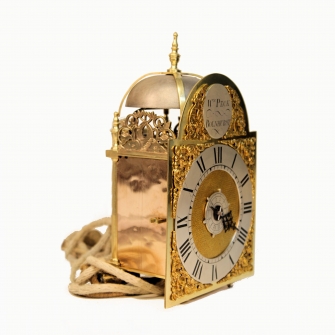 A miniature verge escapement lantern alarum timepiece by William peck of Bolnhurst. Circa 1745.