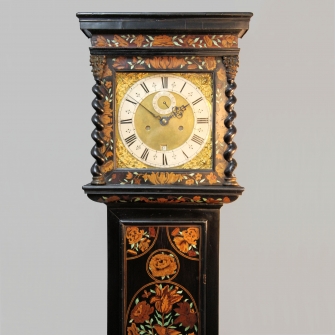 A fine and rare, early English 'black marquetry' longcase clock by Solomon Bouquet. Circa 