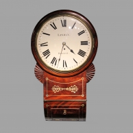 A late regency, English Drop-dial fusee wall clock in a brass inlaid mahogany case. By Thomas Lindey