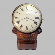 A good English fusee Drop-dial wall clock with a wooden dial. Made by Barraud, London. Circa 1835.