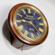 A mahogany, small fusee, English dial wall clock with a rare dark blue and gold 10 inch dial. Circa 