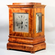 A SMALL ENGLISH FUSEE, 5-GLASS LIBRARY TIMEPIECE CLOCK. IN A SATINWOOD CASE.