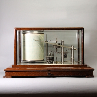 A rare and giant, scientific 24 hour chart Barograph in a glazed oak case. Circa 1958.