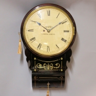 A good English Fusee drop-dial wall clock. With a convex dial and mahogany case. Circa 1825