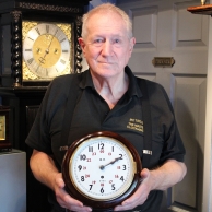 Railway 8" dial, English fusee wall clock. Mahogany case. Circa 1880.